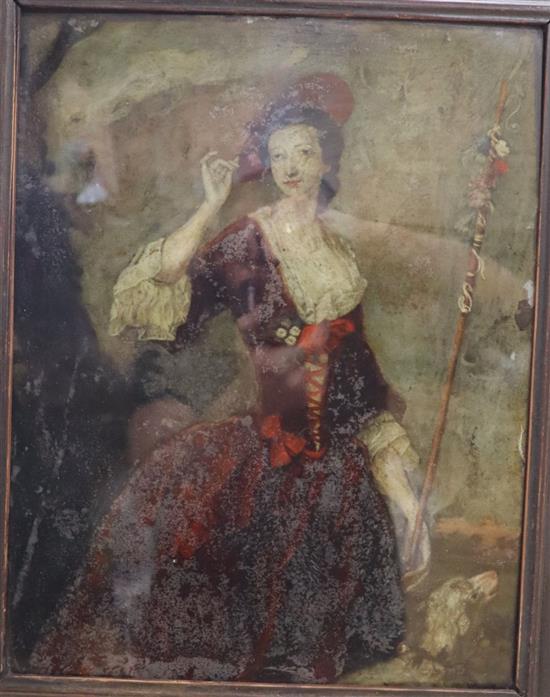 A 19th century reverse painted print on glass of a shepherdess, 36cm high including moulded wood frame